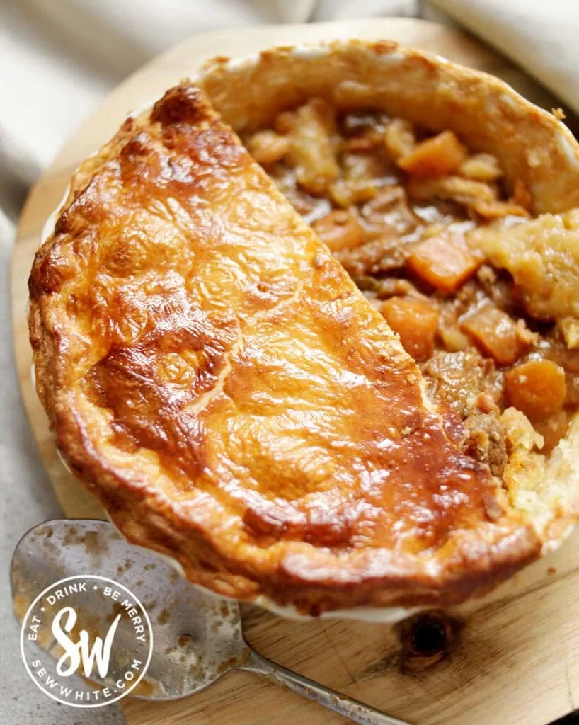 easy steak and ale pie sliced open and ready to serve