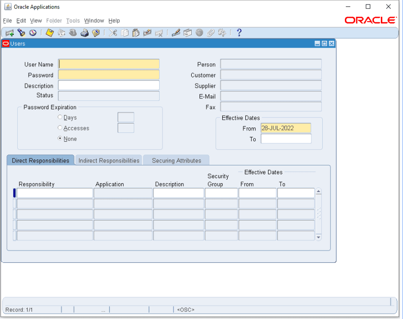 Oracle Applications Kullanıcı (Users) tanımlama formu