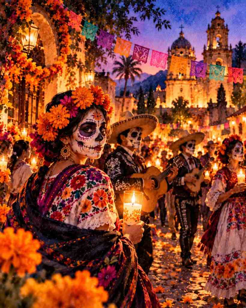 Ilustracija javne povorke Día de Muertos s kostimiranim ljudima, svijećama, cvijećem i papel picado na gradskim ulicama.