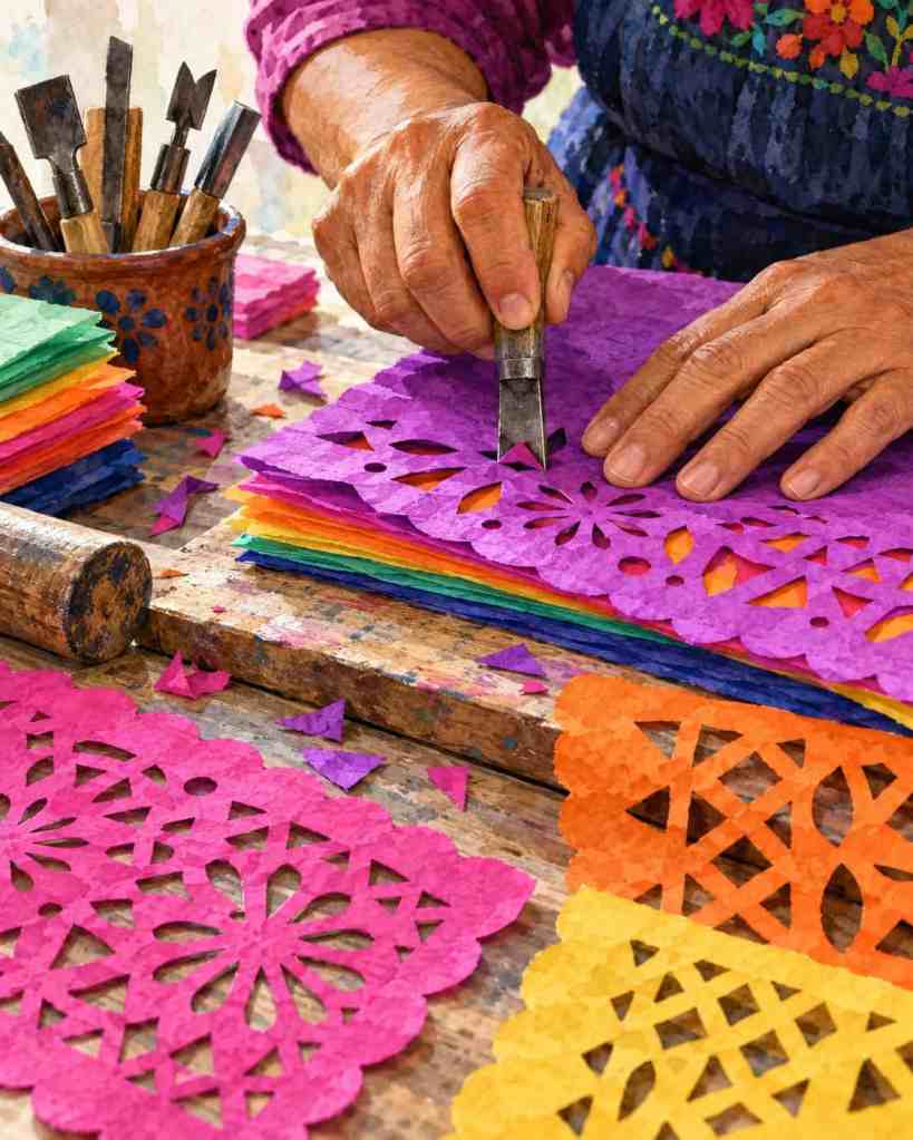 Ruka izrađuje papel picado od ljubičastog papira, okružena gotovim šarenim papirnim ukrasima.