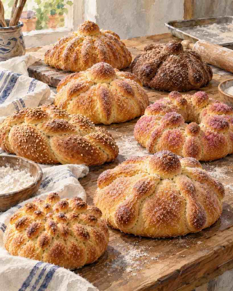 Različiti regionalni oblici pan de muerto i drugog peciva raspoređeni na drvenom stolu.