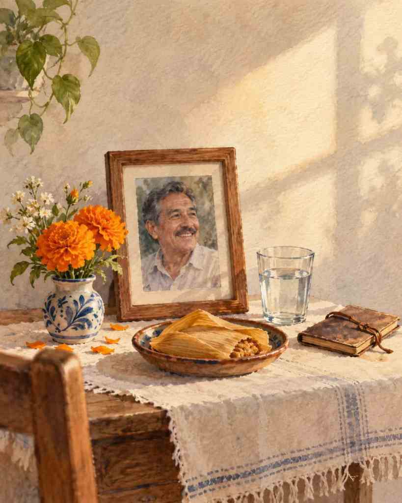 Lična ofrenda s uokvirenom fotografijom muškarca, cvijećem, čašom vode, hranom i knjigom.
