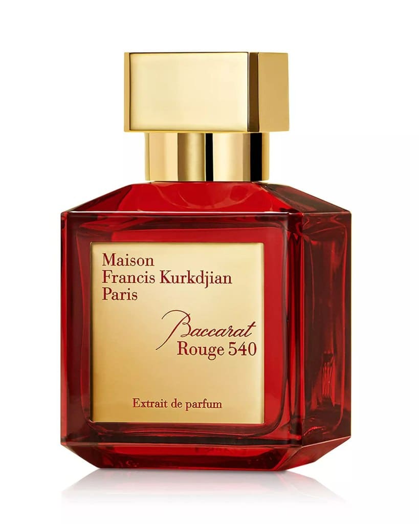 A luxurious red bottle of Maison Francis Kurkdjian Paris Baccarat Rouge 540 Extrait de Parfum with a gold label and cap.
