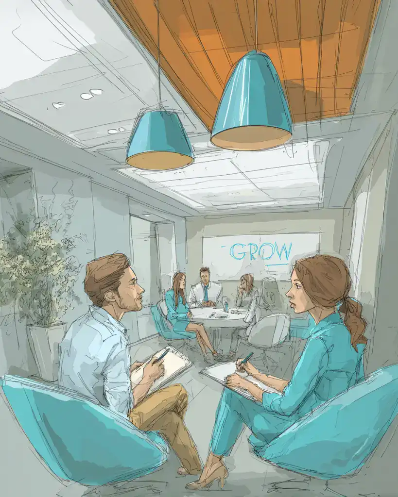 A group of professionals practising coaching skills in a workplace training session.