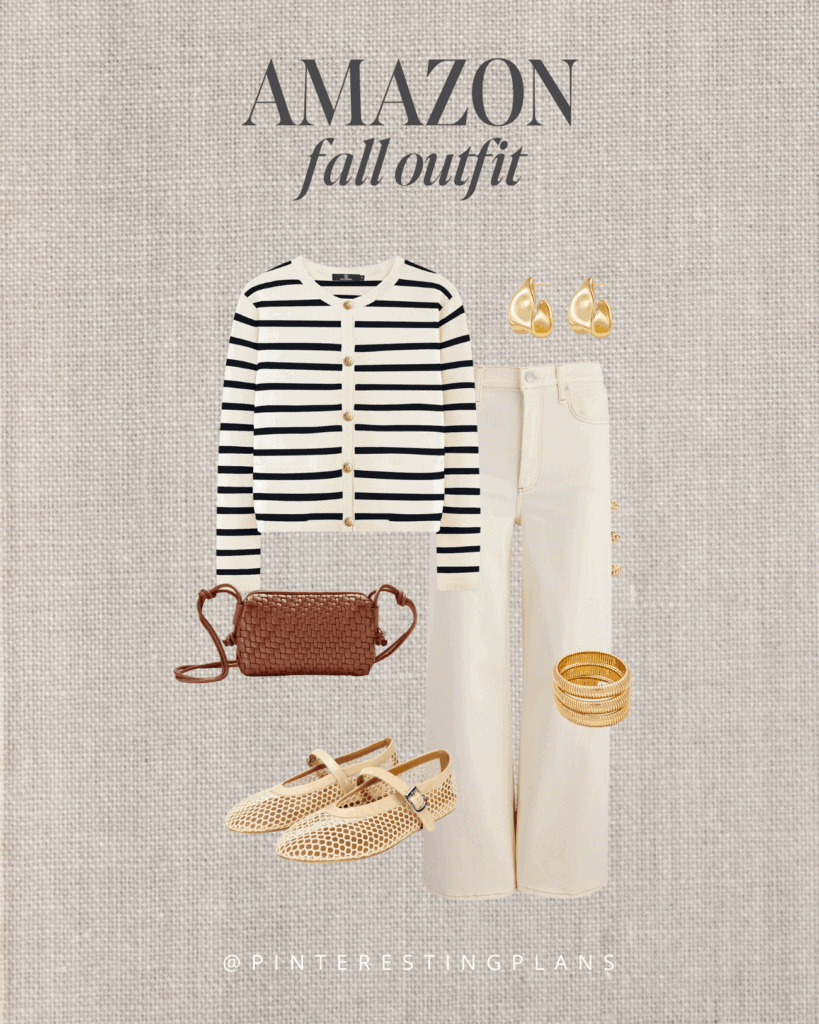 Neutral cream Amazon fall outfit with stripe lady cardigan and ecru off white wide leg jeans and mesh Mary Jane flats.