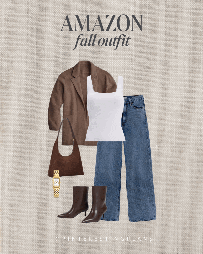 Chic fall Amazon outfit featuring a brown sweater blazer, wide leg jeans and chocolate brown kitten heel boots.