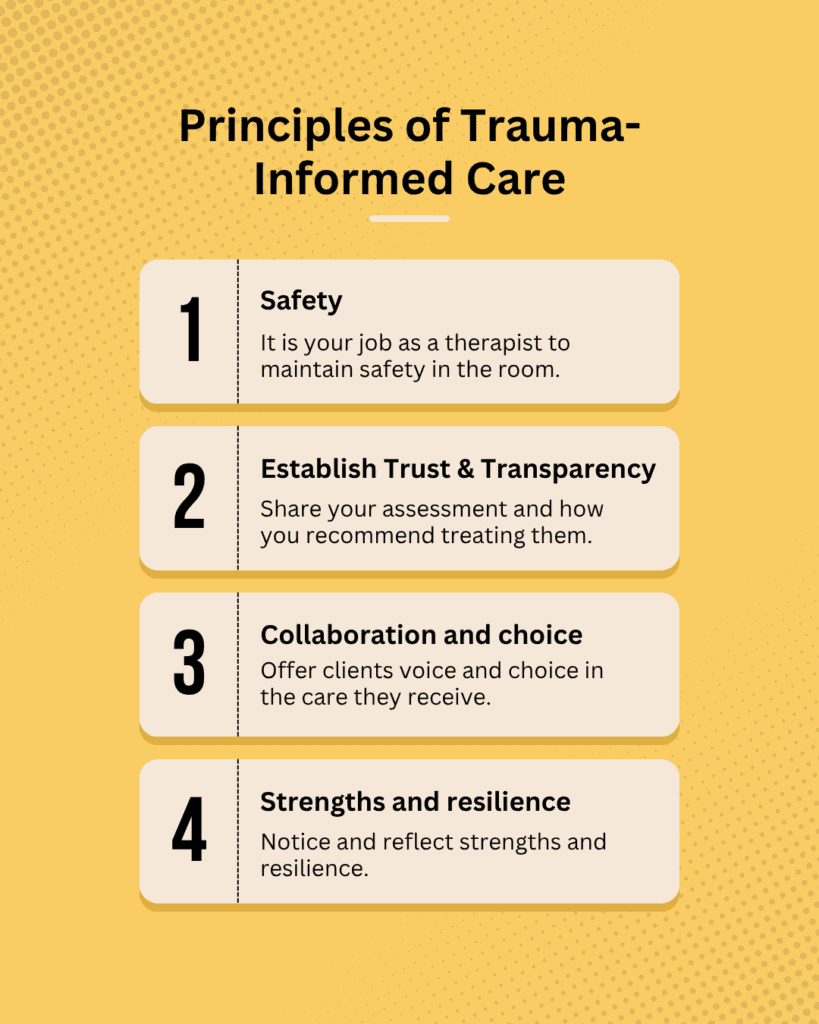 Compassionate trauma-informed therapy principles focusing on safety, trust, collaboration, and resilience for mental health recovery.