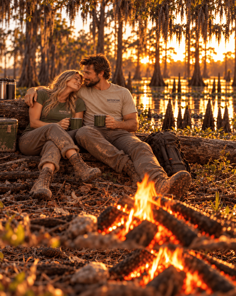 A lovely couple warming up by the camp fire