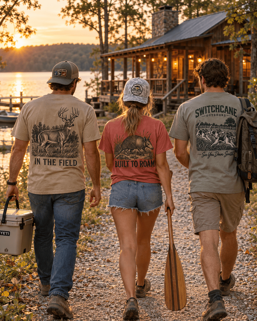 Two men and a woman walking to the lake