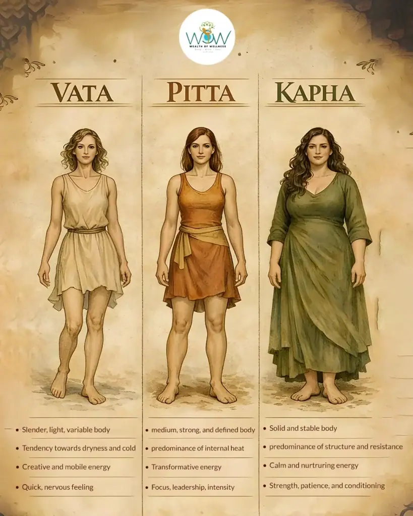 The Three Doshas in AyurvedaThe Three Ayurvedic Doshas infographic explaining Vata, Pitta, and Kapha body types, their unique physical characteristics, personality traits, and constitutional balance in Ayurveda.