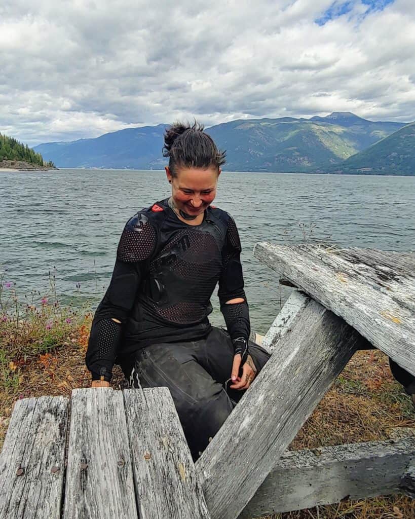missvelocity in motorcycle armour by kootenay lake