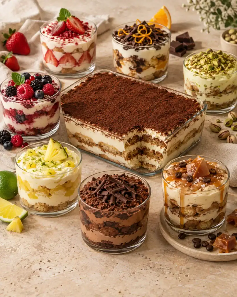 Klasik, meyveli, fıstıklı ve karamelli tiramisu çeşitleri