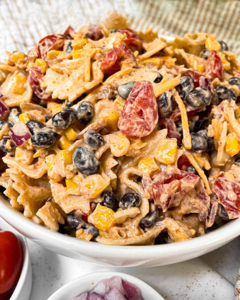 side view of healthy taco pasta salad with yogurt