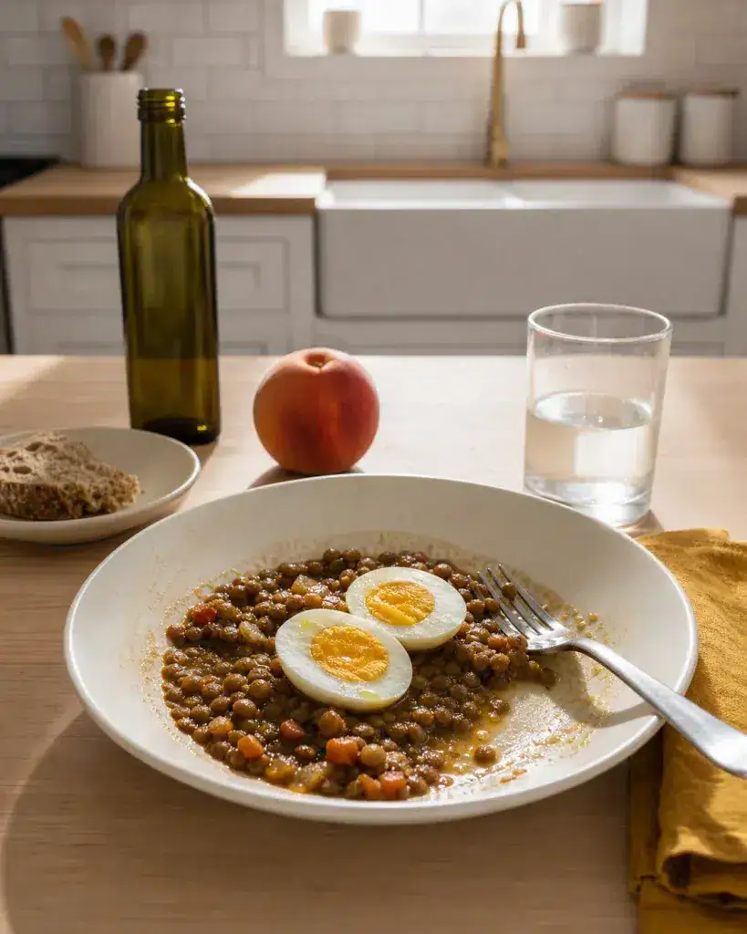 Plato de lentejas con huevo cocido, pan integral y aceite de oliva en una mesa de cocina