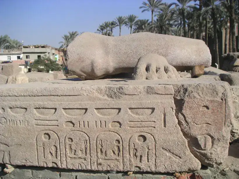 Fallen limestone colossus of Ramesses II in Memphis Egypt