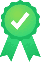 Green award ribbon with a white checkmark in the center, symbolizing approval or certification.