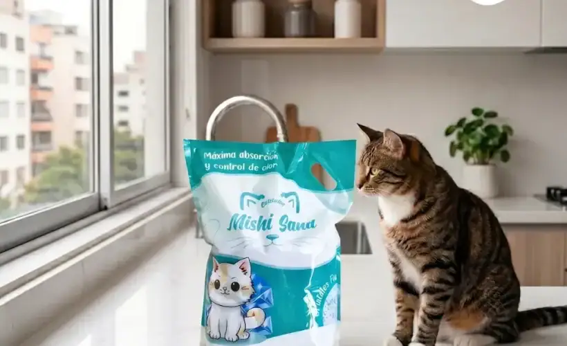 Bolsa de arena para gatos Mishi Sand cristales de sílice máxima absorción y control de olores en una cocina moderna junto a un gato tabby.