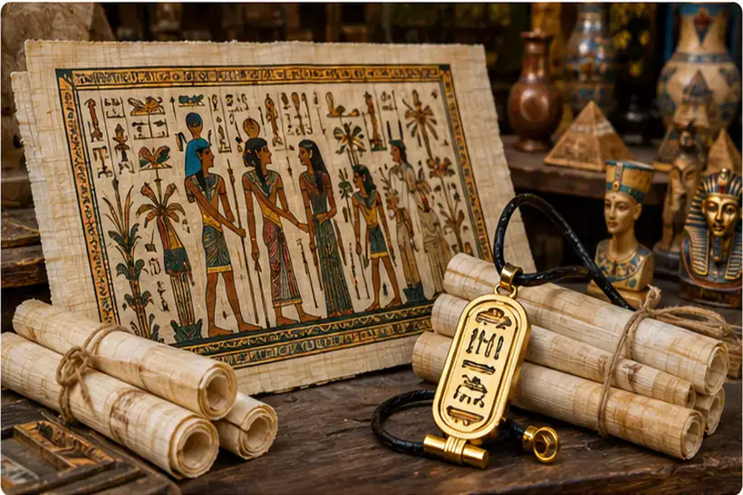 Egypt souvenirs including traditional papyrus art and personalized cartouche