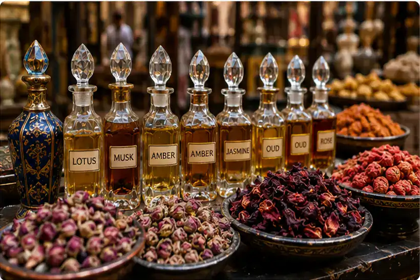 Egypt souvenirs including Egyptian perfume oils spices and hibiscus