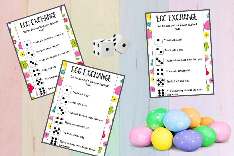 Hop into the Easter holiday with this fun Easter Egg Exchange Dice Game that kids can play. Download and print a copy of these Easter cards. This is a fun game for the kids to play after an Easter egg hunt. This game will let them trade or keep the eggs they found. If they didn't go on an egg hunt, you can provide some filled eggs for them to play with. #eastergame #eastercraft #kidsgame