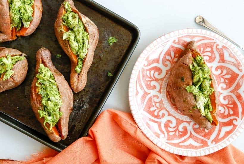 Enjoy a dairy-free and flavorful dish when preparing the Pesto Chicken Stuffed Sweet Potatoes. You can prepare this Whole 30 recipe in less than two hours. You will love how easy this sweet potato recipe is to make.