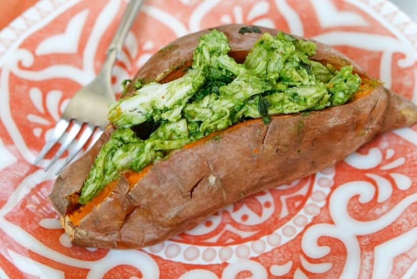 Enjoy a dairy-free and flavorful dish when preparing the Pesto Chicken Stuffed Sweet Potatoes. You can prepare this Whole 30 recipe in less than two hours. You will love how easy this sweet potato recipe is to make.