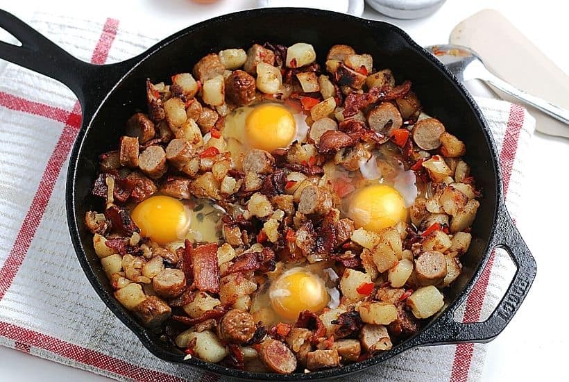 Have breakfast ready in a pinch with this Breakfast Skillet recipe. It combines classic breakfast favorites, including bacon, sausage, and eggs.