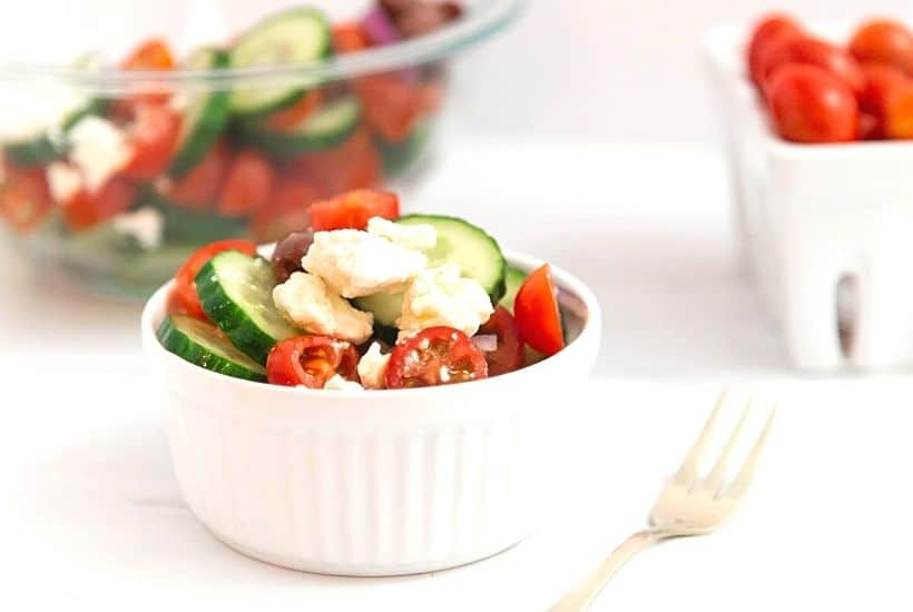 If you’d like a light and refreshing side dish, try this Greek Salad. It consists of healthy ingredients that are good for you, including cucumbers and red onions. This is an easy salad recipe to serve as a simple side dish, potluck recipe or at a summer picnic.