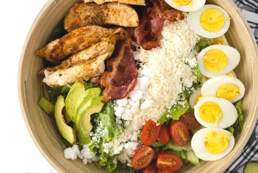 Delicious, light and flavorful is the way to go with this Grilled Chicken Cobb Salad recipe. This easy meal idea is great to take with you when you’re on the go, whether you’re headed to work or traveling. This salad is portable too! This is a great mason jar recipe to take to work or serve at a picnic. Summertime is the perfect time to enjoy salads. This Grilled Chicken Cobb Salad is delicious in so many ways, go ahead and give it a try!