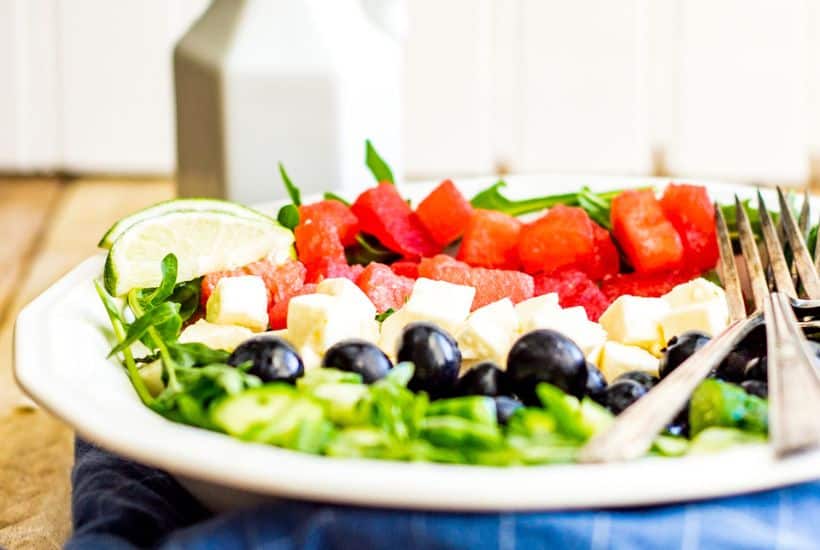 Watermelon Feta Arugula Salad is the perfect summer salad! The sweetness of the watermelon pairs perfectly with the salty feta, and the peppery arugula gives it a nice bite. If you're looking for a delicious summer salad, then this Watermelon Feta Arugula Salad is just what you've been looking for! It also makes a great patriotic recipe for your 4th of July party.