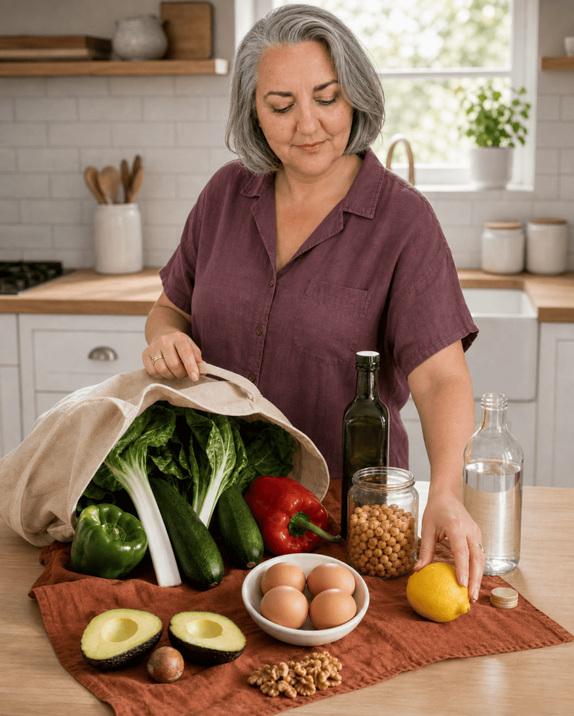 Mujer sacando verduras frescas de una bolsa de tela en la cocina, con aceite, huevos, garbanzos y limón sobre la encimera
