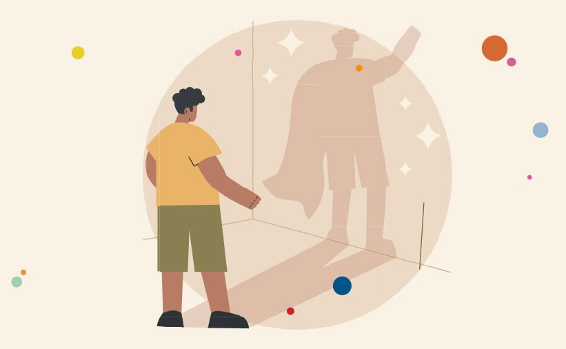 This image shows an illustration of a man - his shadow on the wall is of him wearing a cape. This image represents hidden personal strengths in a strength based culture