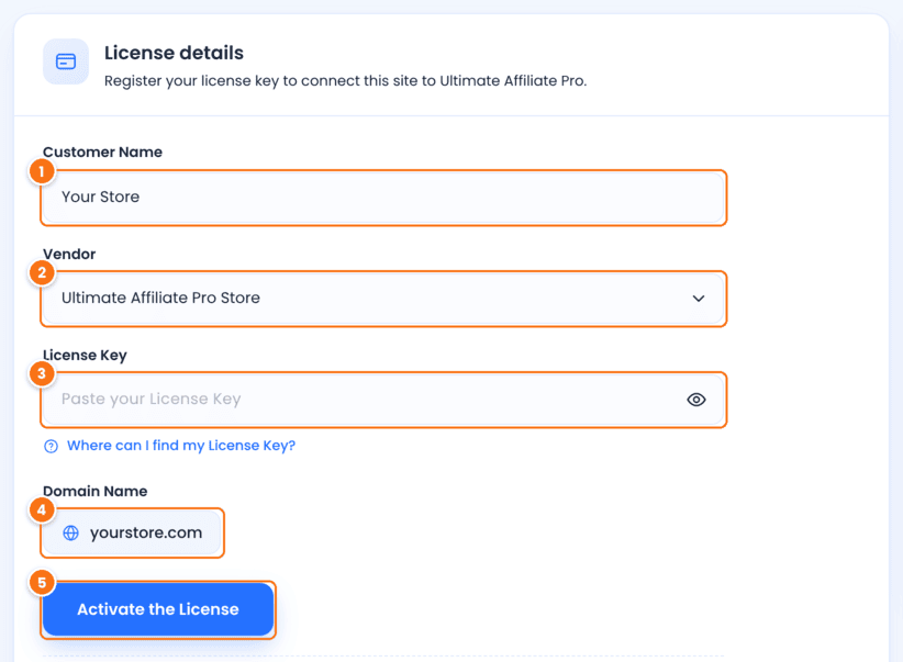 Licensing screen in Ultimate Affiliate Pro with Customer Name, Vendor, License Key, Domain Name and the Activate the License button