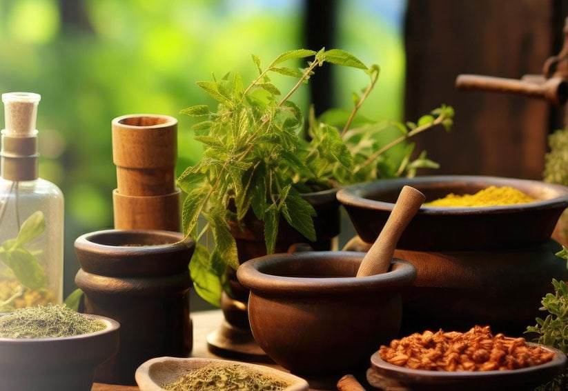 Ayurveda-A still life shot of various wooden mortars and pestles, bowls of spices, and fresh green herbs. A glass bottle with a cork stopper is visible on the left, all set against a soft, sunlight-dappled green background.