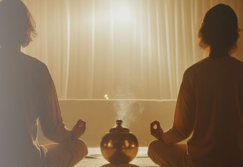 The back view of two people sitting in a meditative cross legged position facing a bright light source. Between them sits a rounded, metallic incense burner releasing a soft plume of smoke. Their hands are resting on their knees in a mudra gesture, creating a scene of deep focus and serenity.