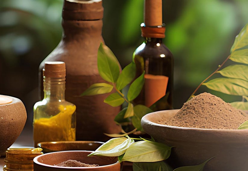 A close up of various holistic wellness ingredients and containers. The scene includes a stone bowl filled with a fine brown powder, several glass and ceramic bottles containing oils or tinctures, and fresh green leaves scattered among the items. The lighting is soft and earthy, suggesting a natural or Ayurvedic pharmacy.