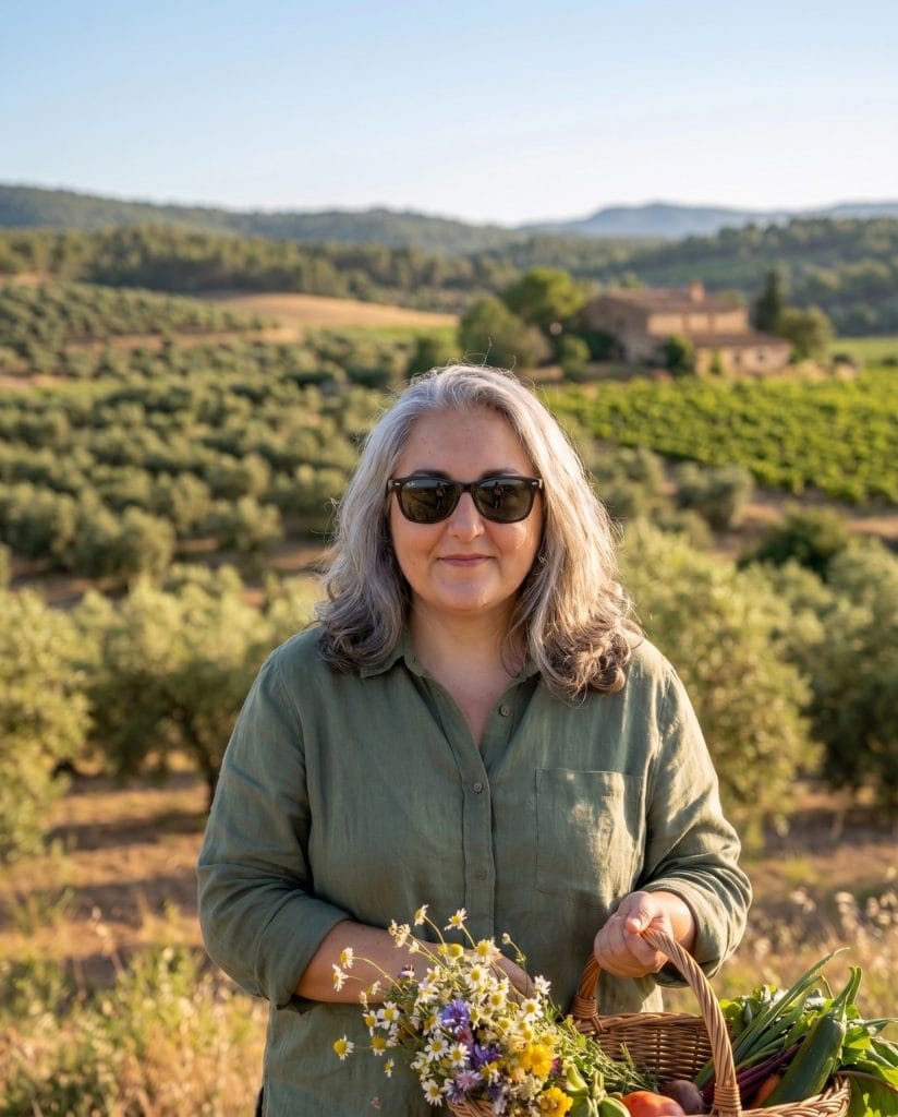 Mujer con gafas de sol y camisa verde sosteniendo un cesto de flores silvestres en un campo de olivos