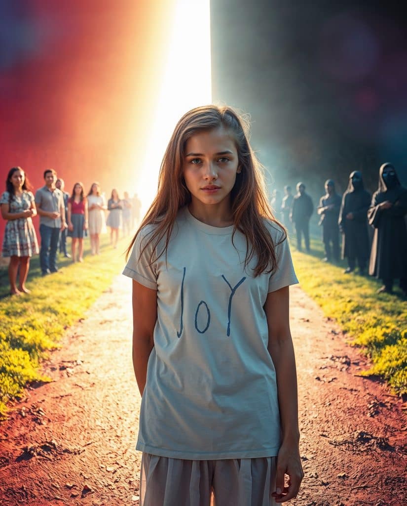 Illustration symbolizing emotional discernment, showing contrasting expressions of condemnation and joy, paired with a poetic message about recognizing the spirit behind someone’s words.