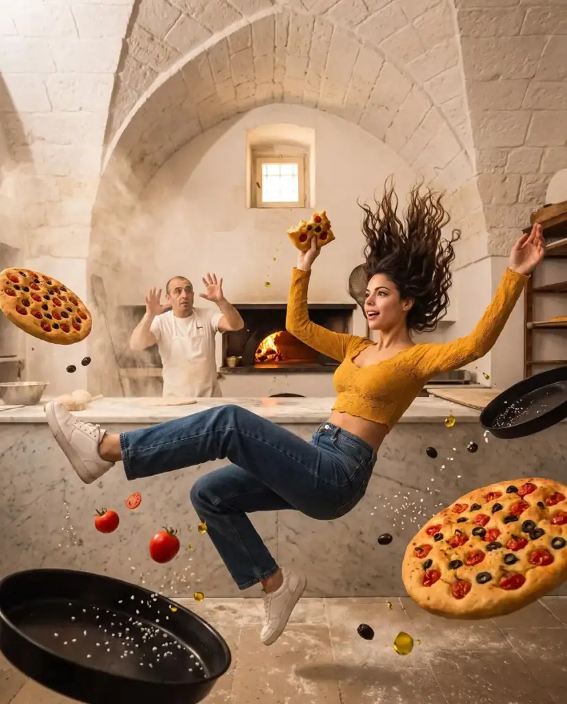 Risultato: Lia cade nel forno con teglie e focacce sospese.