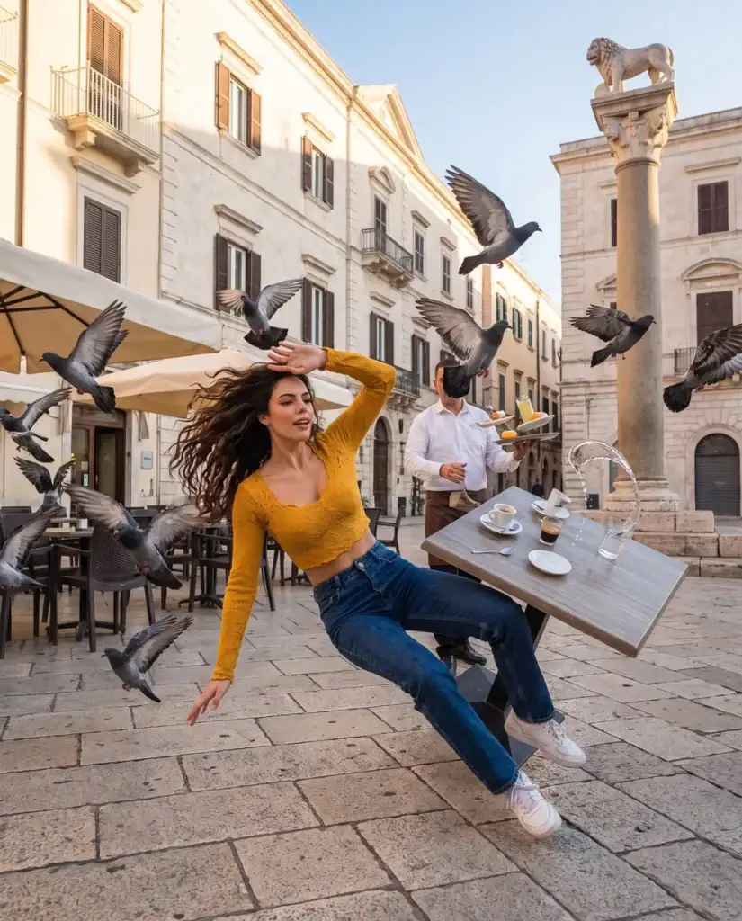 Risultato: Lia cade in piazza con piccioni, tazze e acqua sospesi.