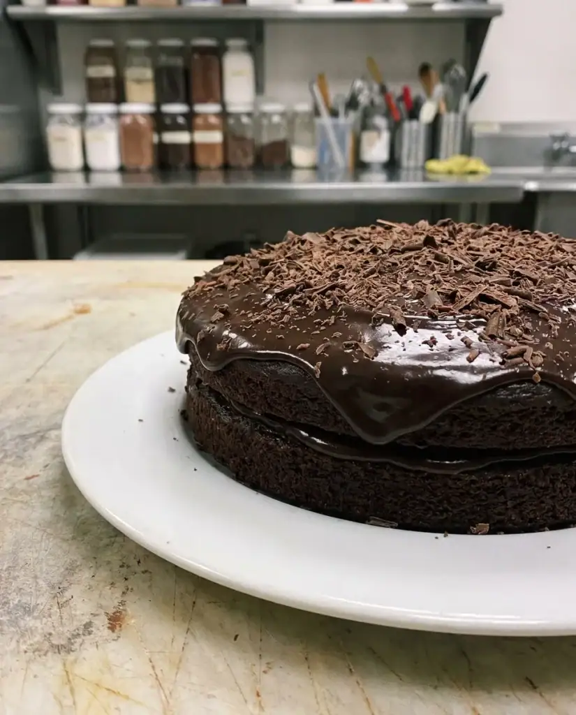 Foto di partenza: Torta al cioccolato con ganache e scaglie su un piatto bianco, sul banco della pasticceria · Ritocco