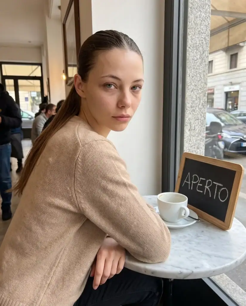 Foto di partenza: Ginevra seduta al tavolino di un bar con una tazza, maglione beige, un cartello · Occhiaie