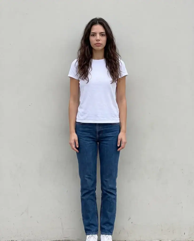 Foto di partenza: Lia in piedi contro un muro chiaro, t-shirt bianca e jeans, braccia lungo i fianchi · Postura