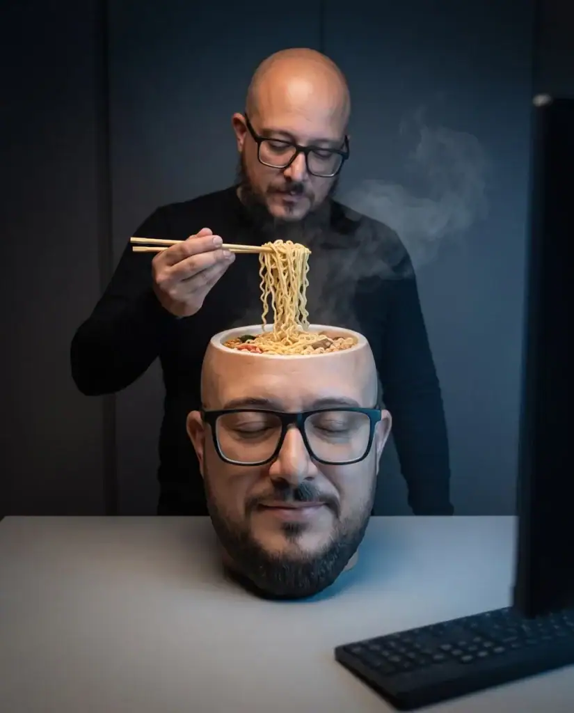 Risultato Luca: Luca con ramen nella testa trasformata in ciotola.