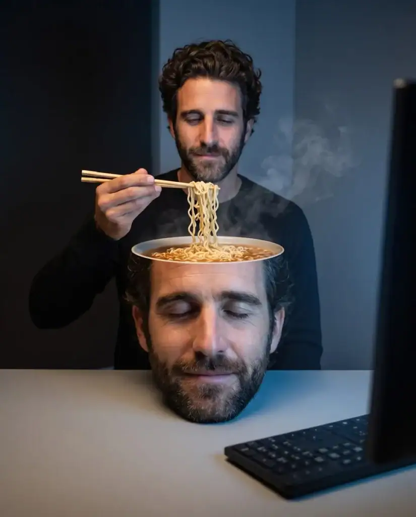Risultato Matteo: Matteo con ramen nella testa trasformata in ciotola.