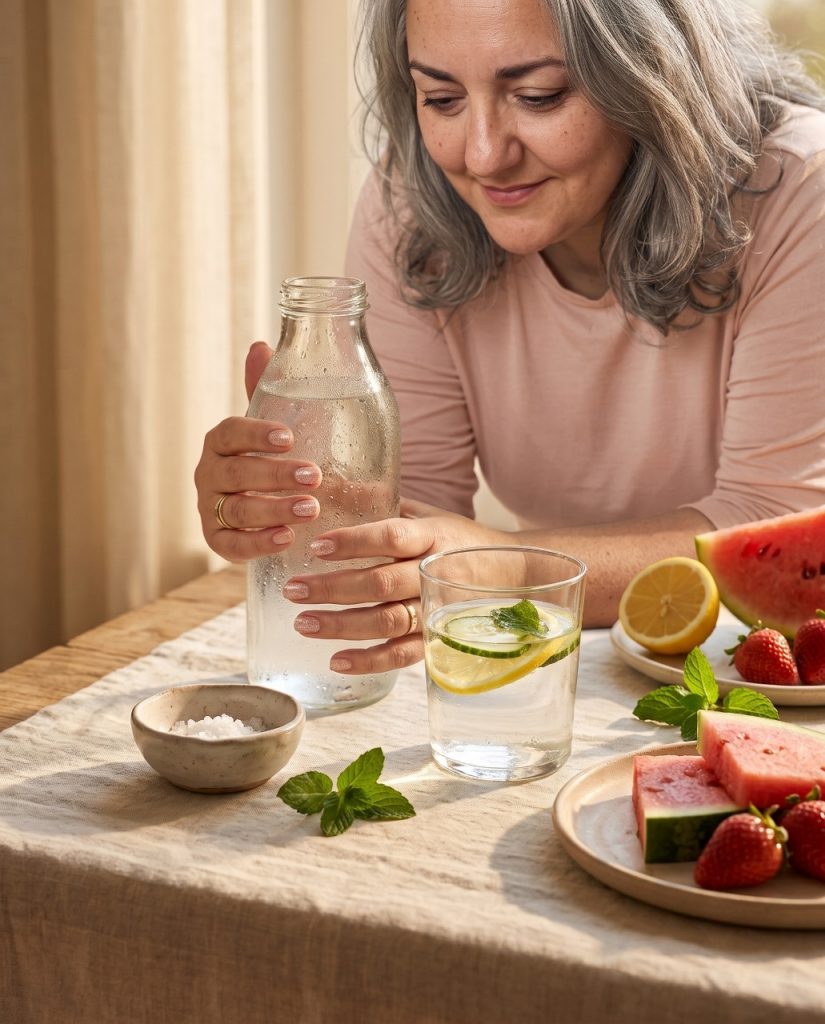 Mujer sirviéndose agua de una botella de cristal en un vaso con menta y limón, junto a un plato de sandía y fresas