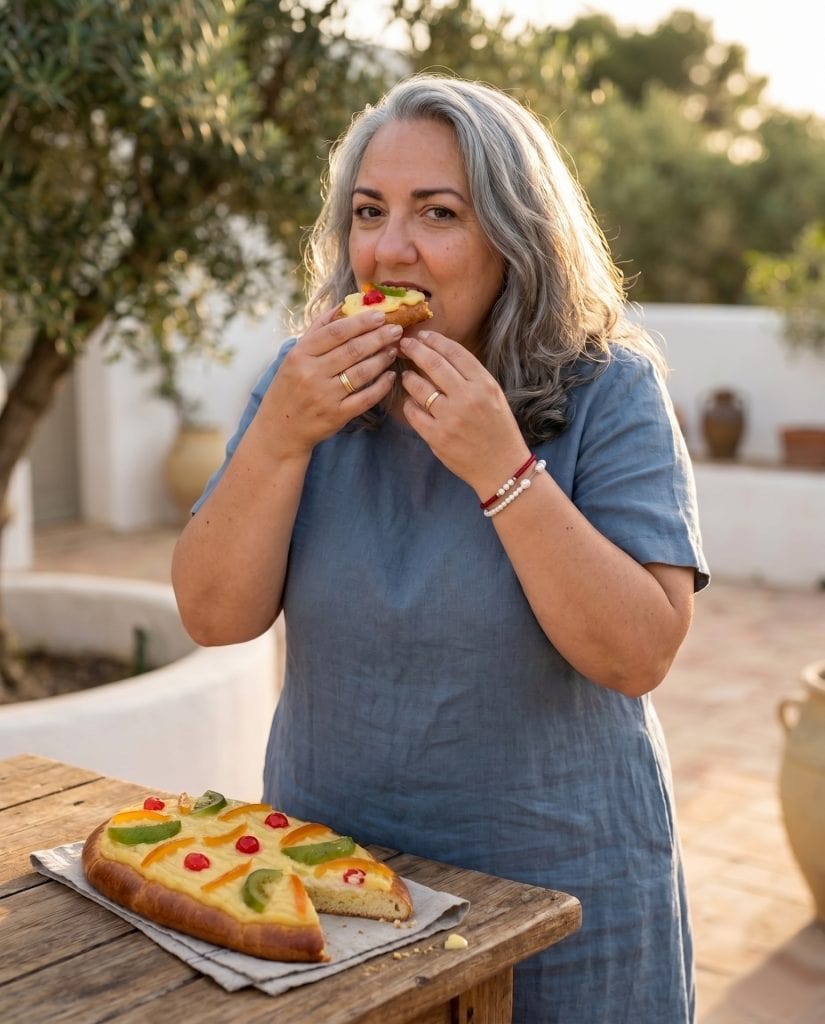 Mujer dando un bocado a una porción de coca de Sant Joan en una terraza al aire libre, con la bandeja sobre la mesa