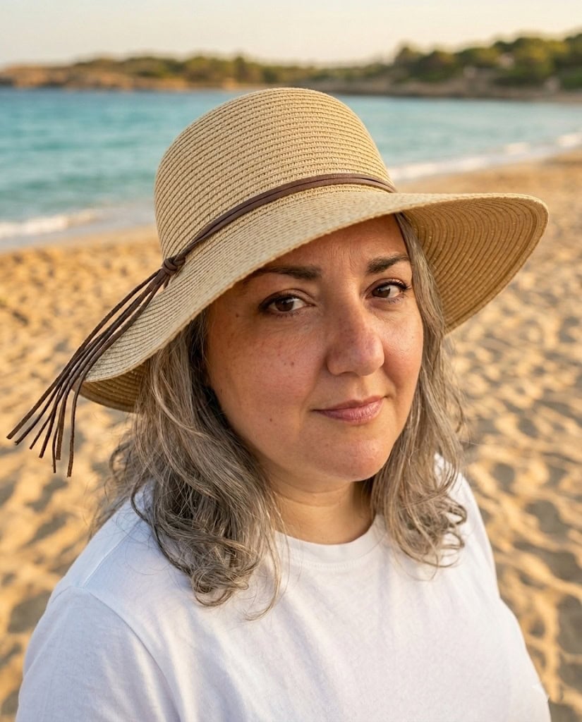 Mujer con sombrero de rafia de ala ancha en la playa, con el mar al fondo
