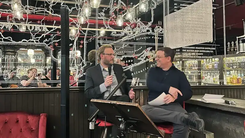 A banner image showing a photo of Daniel Hetteix and Henry Stewart talking about his book, The Streets of Brooklyn, at Barrows Intense Ginger in Industry City