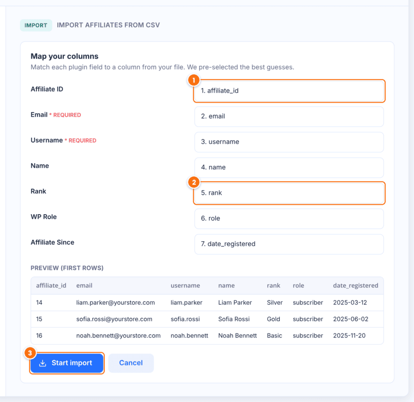Map your columns panel in Ultimate Affiliate Pro with Affiliate ID mapped to the affiliate_id column, Rank mapped to the rank column and the Start import button